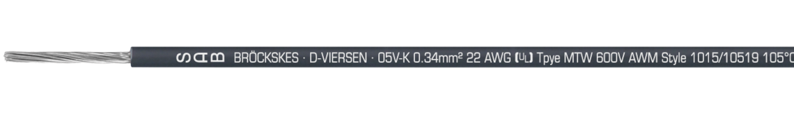 Marking for H05V-K/MTW/TEW 31660180: SAB BRÖCKSKES · D-VIERSEN · < VDE > < HAR > H05V-K 1,0 mm² 18 AWG (UL) Type MTW 600V AWM Style 1015/10519 105°C 600V VW1 CSA Type TEW 105°C 600V FT1 CE